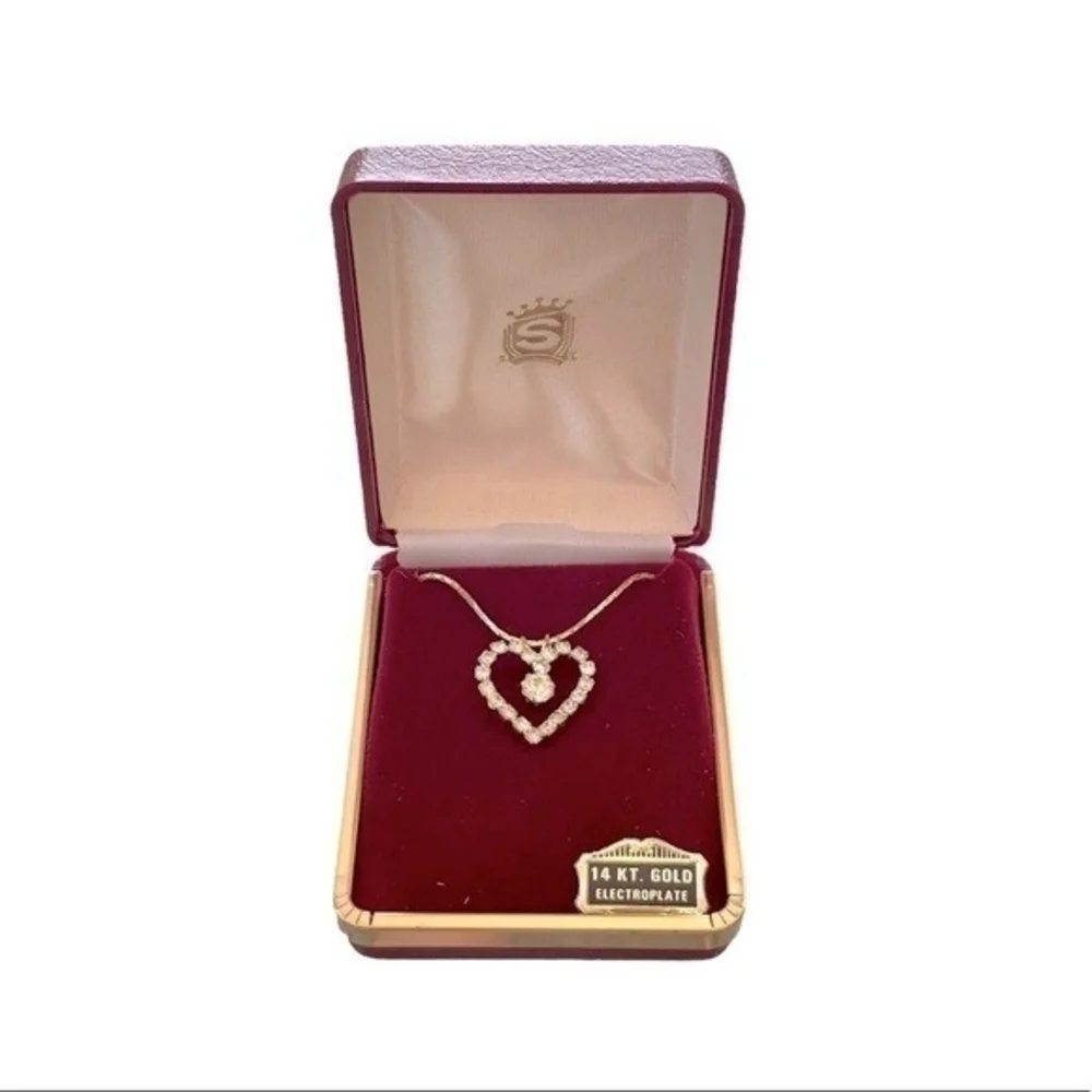 Vintage 14K Gold Plated White Crystal Heart Pendant Chain Necklace NIB